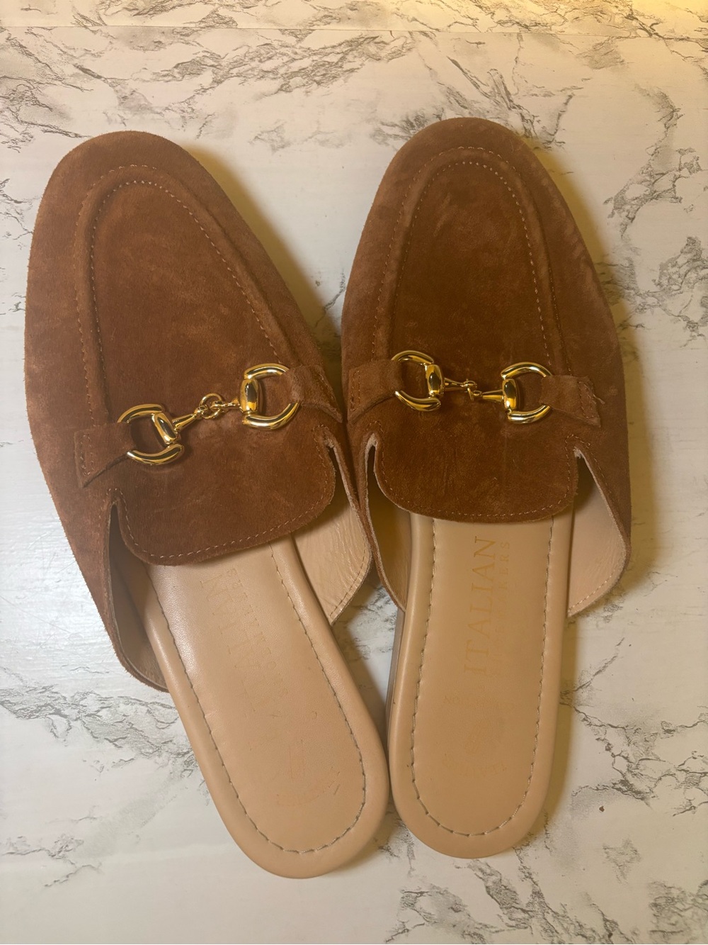 Suede Brown Slip-On Mules with Gold Bit Hardware